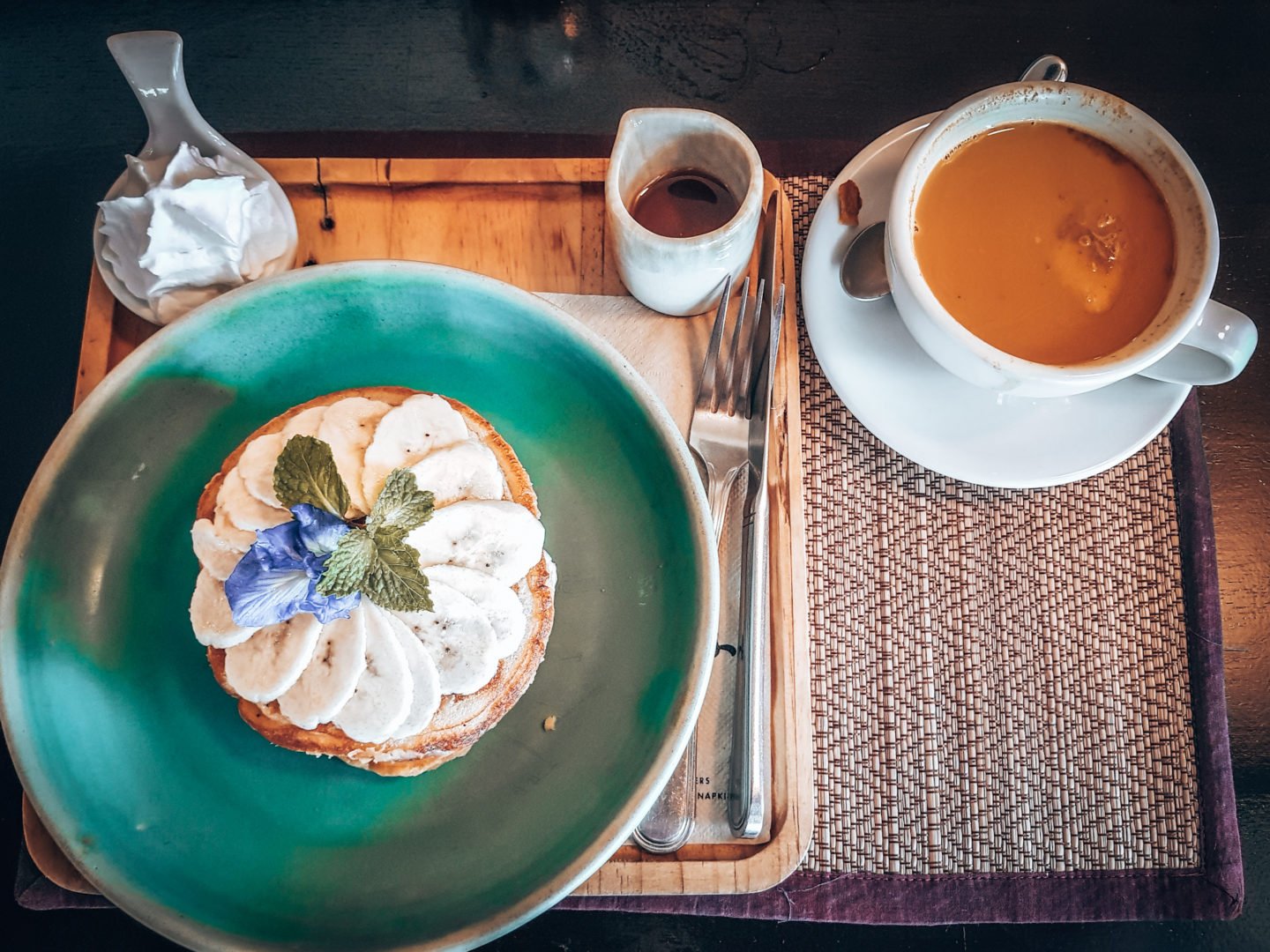 Picture of tea and banana pancakes at Good Souls, Chiang Mai, Thailand