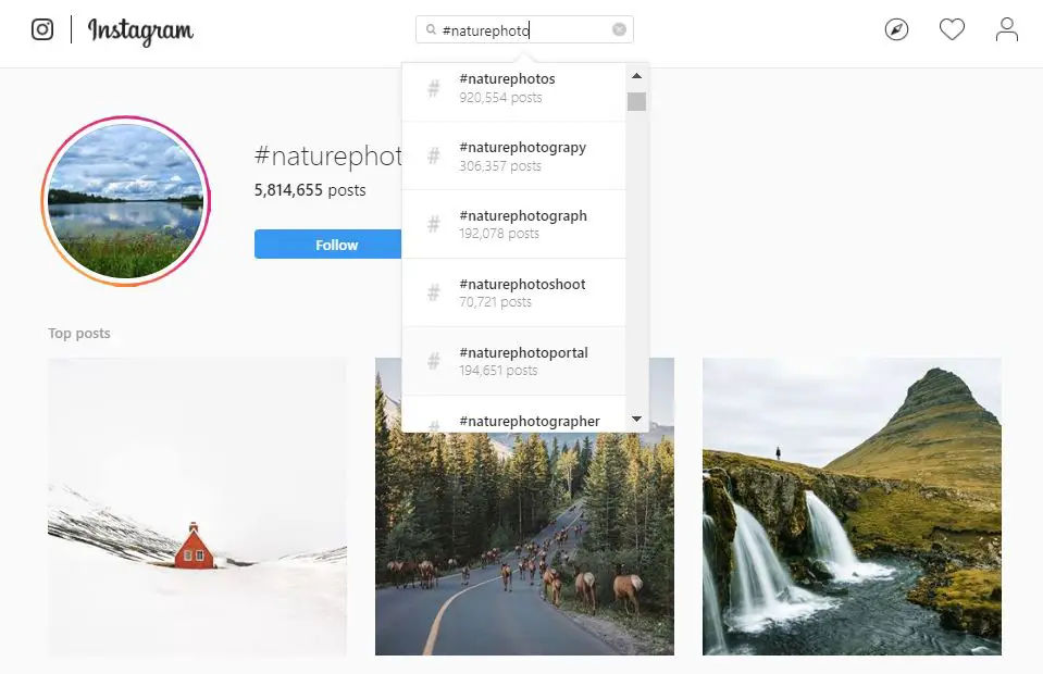 Screenshot of nature hashtags in Instagram