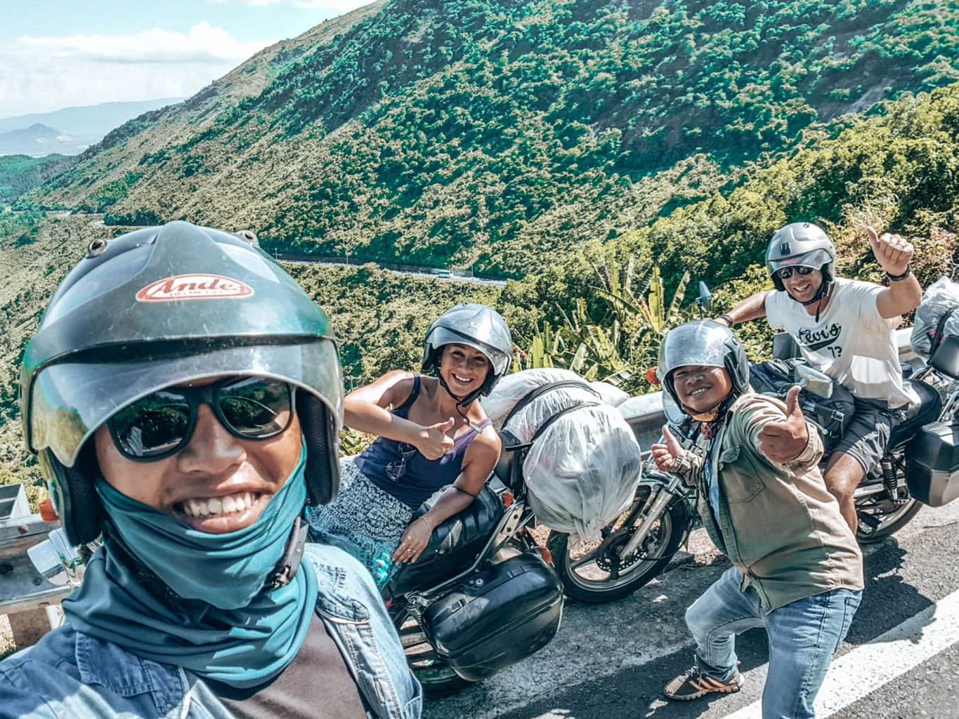 Picture of four motorbikers on Hai Van Pass Vietnam