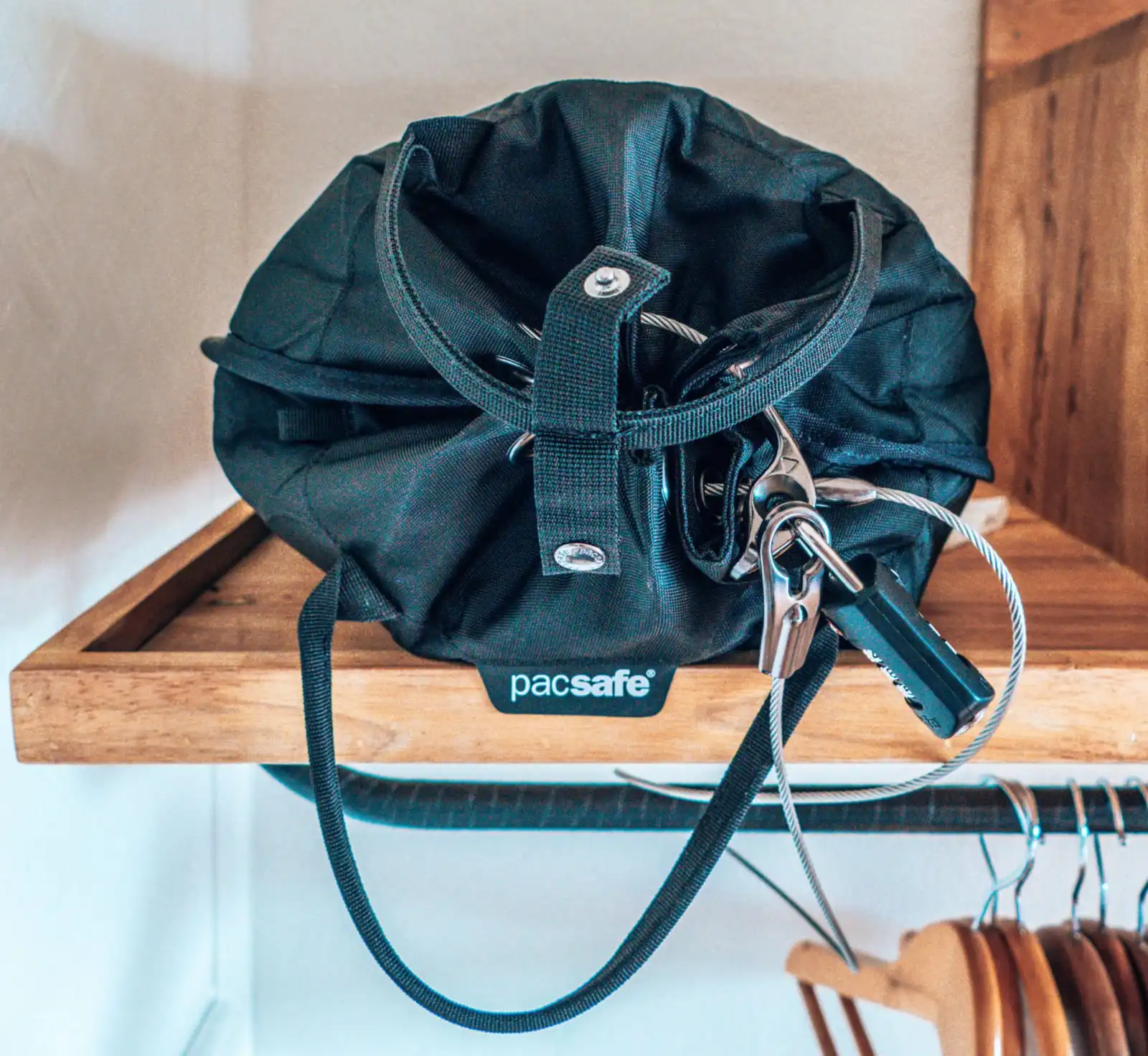 Pacsafe bag on a shelf