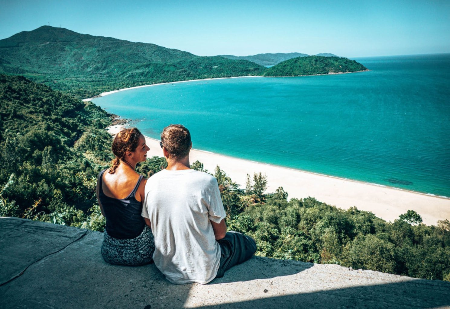 James and Lee enjoying the view of beach on Hai Van pass on Hue to Hoi An journey