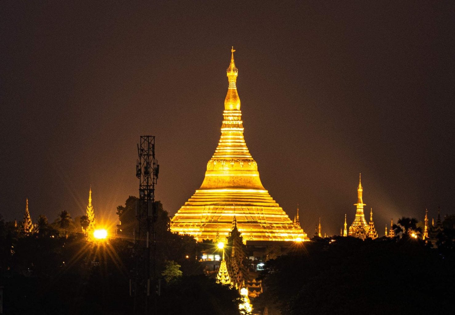 Picture of the Schwedagon Pagoda at night, in Yangon, Myanmar